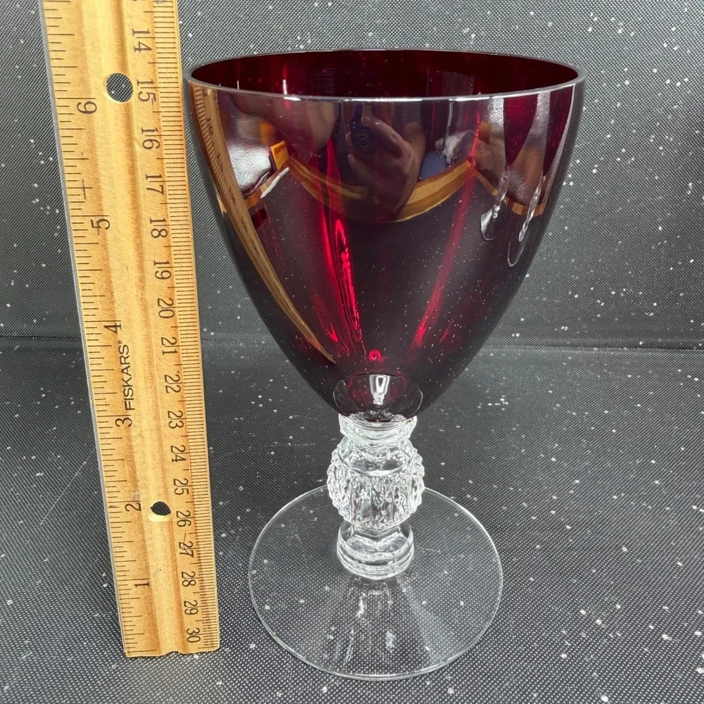 Morgantown Golf Ball Ruby Red Water Goblets Clear Stem Vintage Glassware Set 2